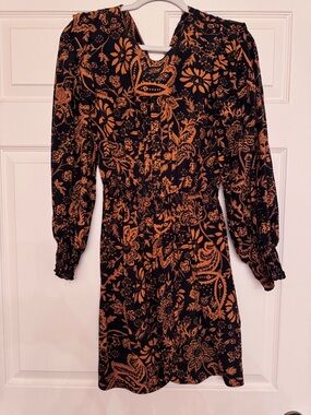 Zara Black Dress with Bold Orange Floral Print, Long Sleeve